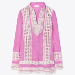 Tory Burch Women Rachel Crochet Trimmed Cotton Canvas Magnolia Pink Tunic 6